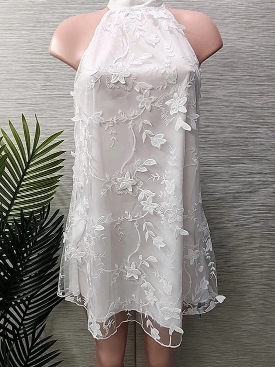 Dresses & Skirts - White Floral Embroidered Halter Mini Dress